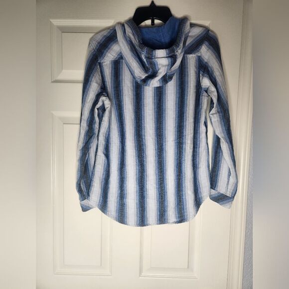 Boston Traders M Striped WhiteBlue Women's Lng Slve ButtonDown Flannel with Hood - Picture 9 of 9